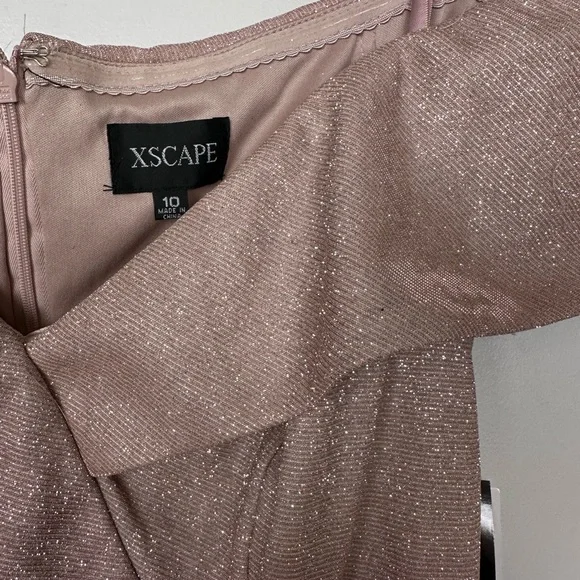 XSCAPE EVENINGS Blush / Silver Ruffle Off the Shoulder Foil Knit Trumpet Gown - Picture 9 of 11